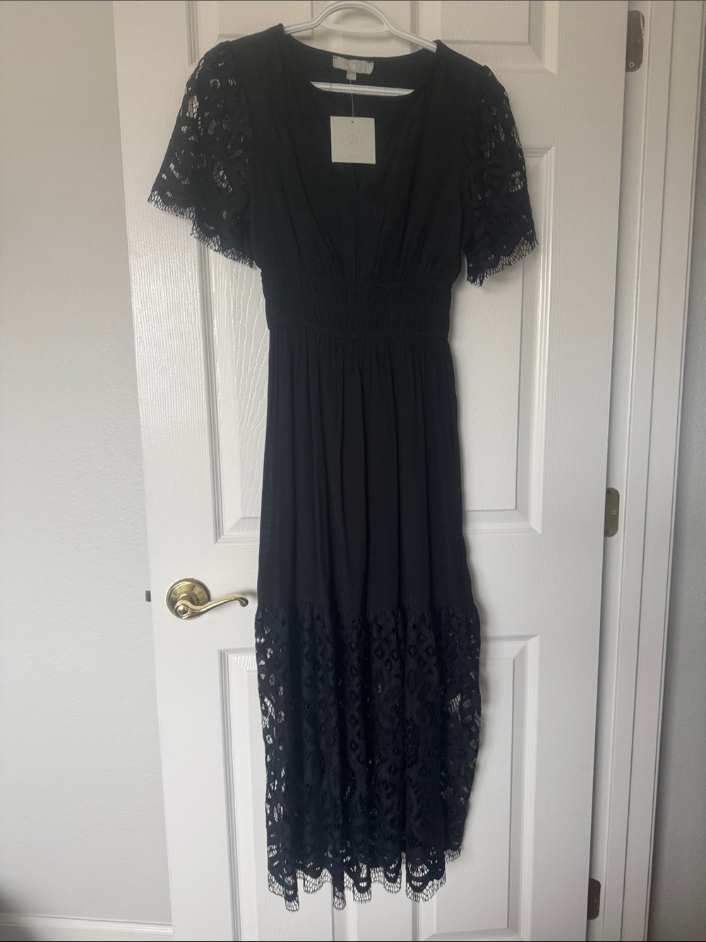 Black Lace-Sleeve Midi Dress with Smocked Waist